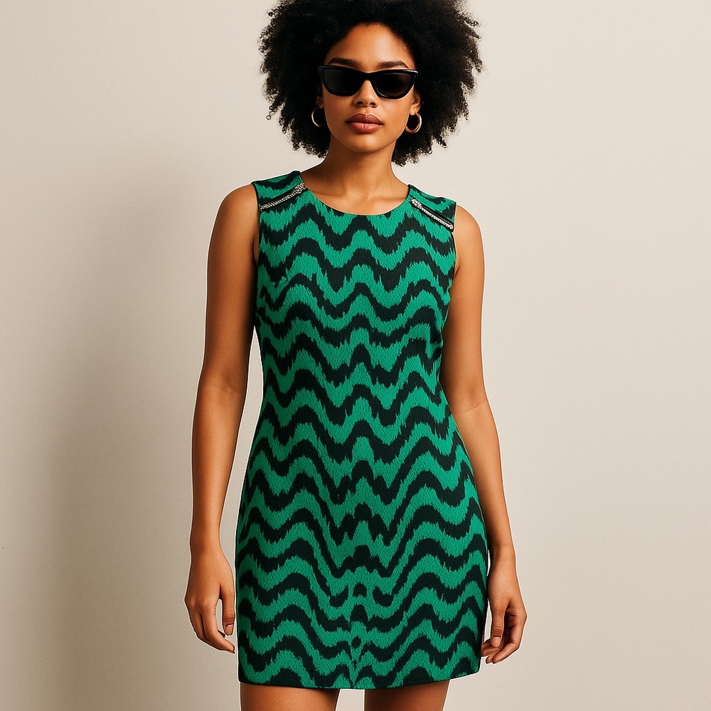Karin Stevens Green & Black Zigzag Print Sleeveless Sheath Mini Dress Size 12